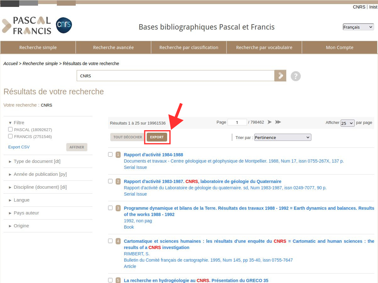Capture d'écran montrant le bouton Exporter situé au-dessus de la liste des résultats de recherche