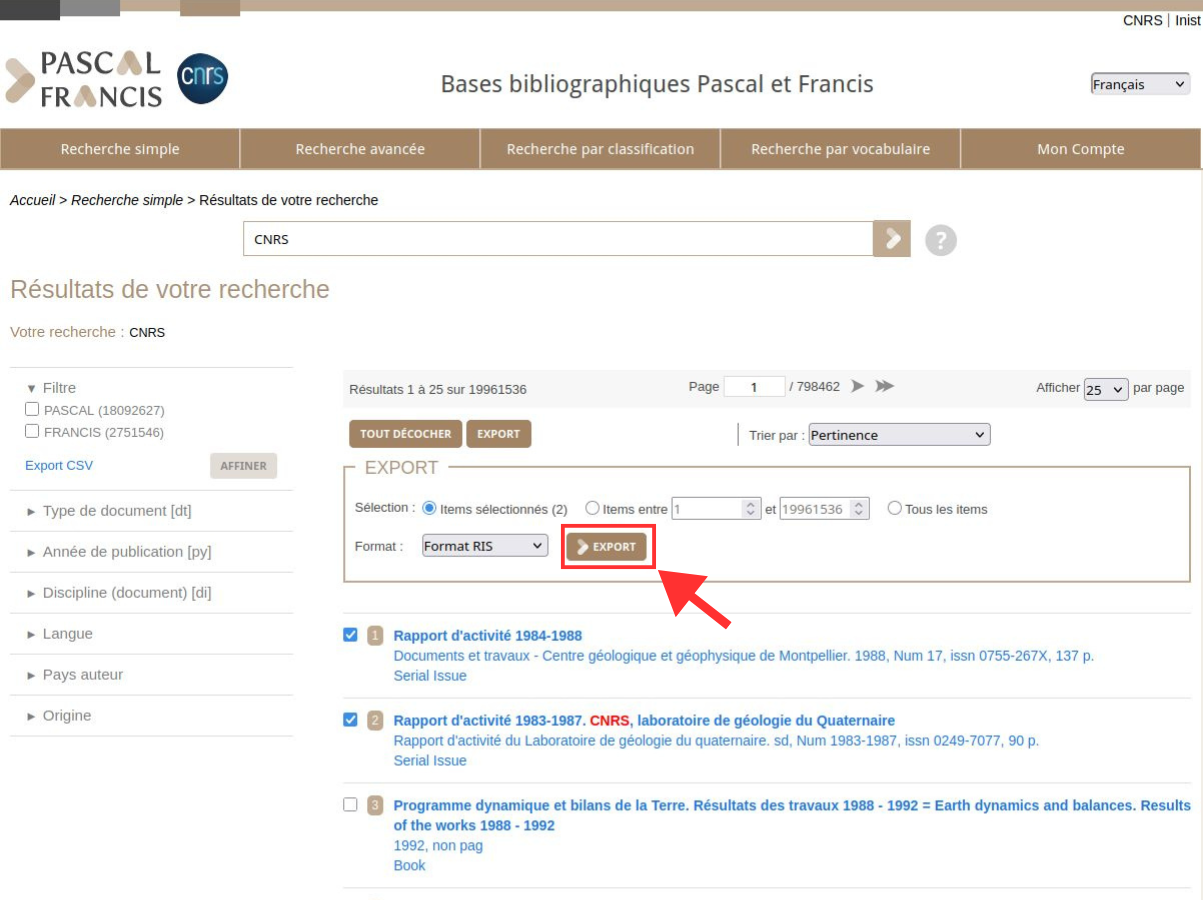 Capture d'écran montrant le bouton Exporter situé au-dessus de la liste des résultats de recherche